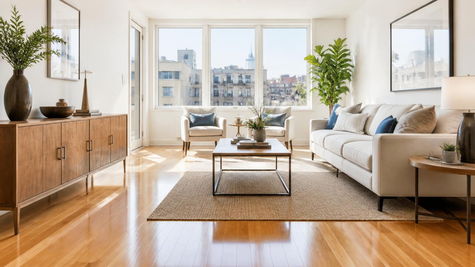 Bright San Francisco living room with sunlit hardwood floors after a non-toxic professional cleaning by Eco Clean Bay
