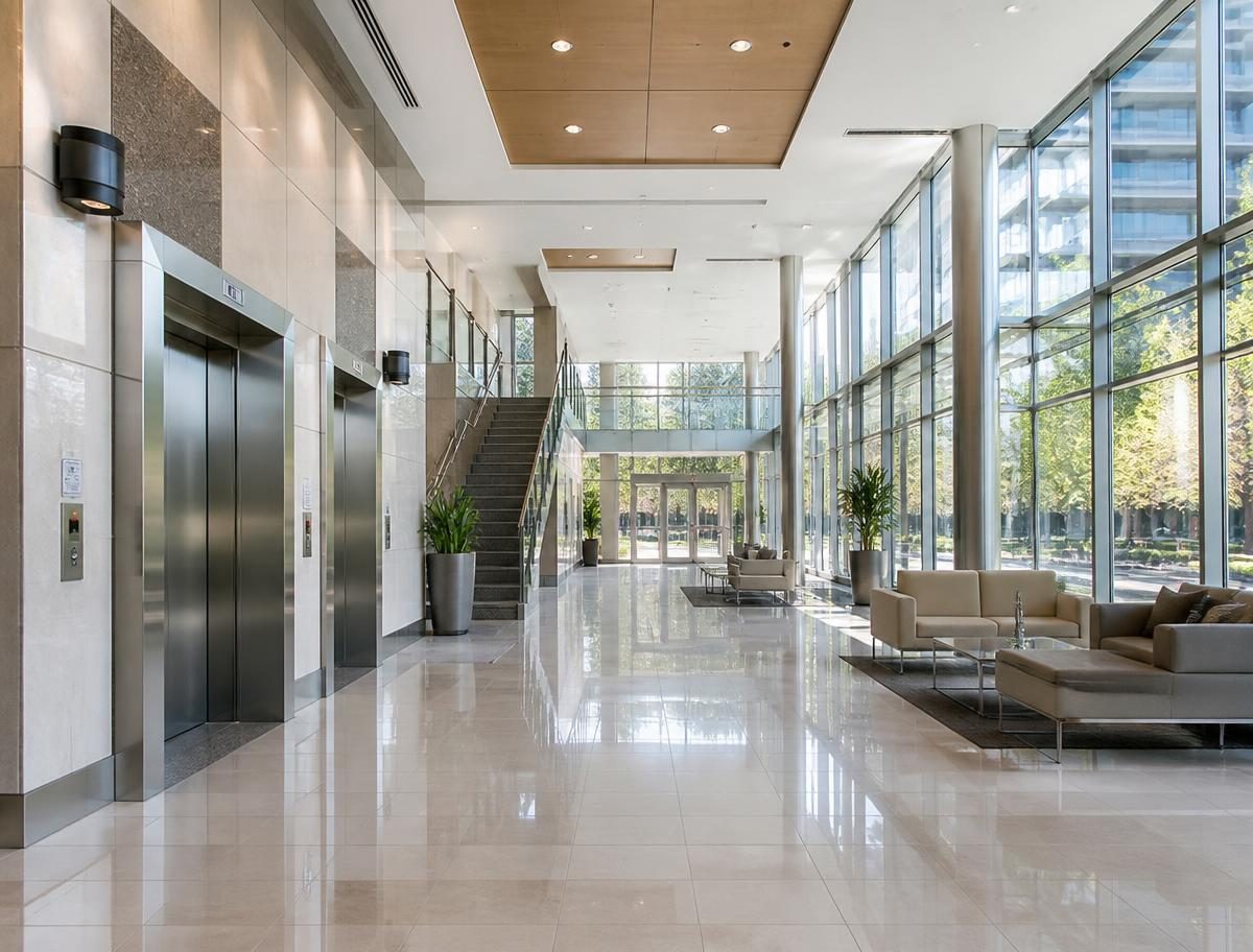 San Francisco office building common area after a non-toxic commercial cleaning, polished floors and streak-free glass
