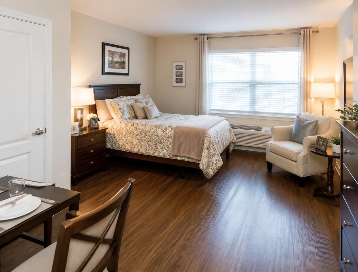 North Bay retirement community resident suite after a non-toxic cleaning, tidy bed and clear surfaces